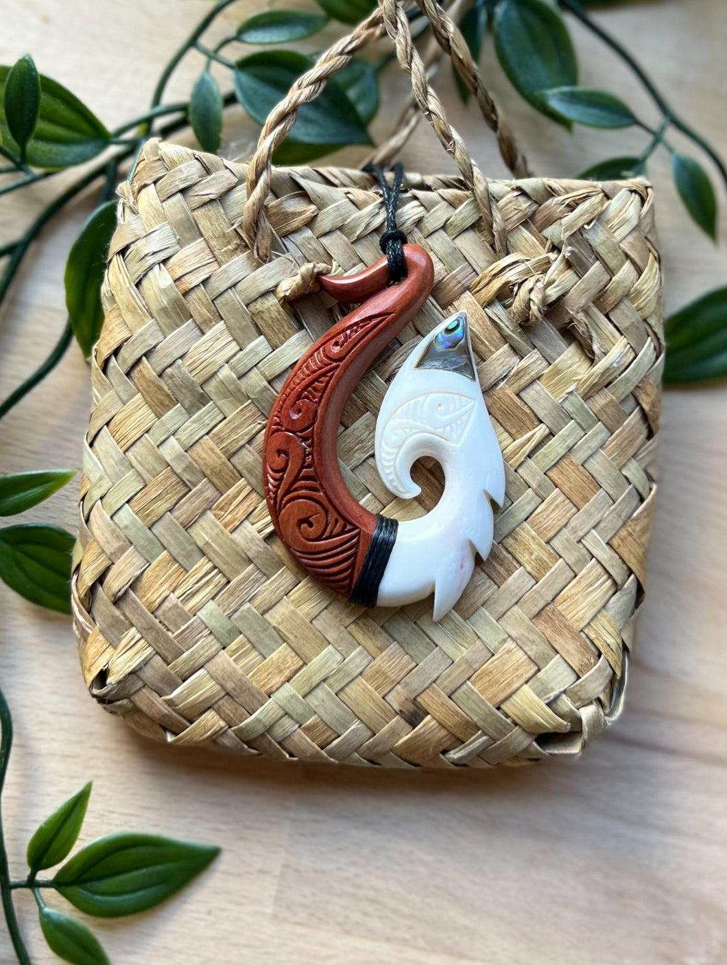 Hei Matau with Wood and Paua