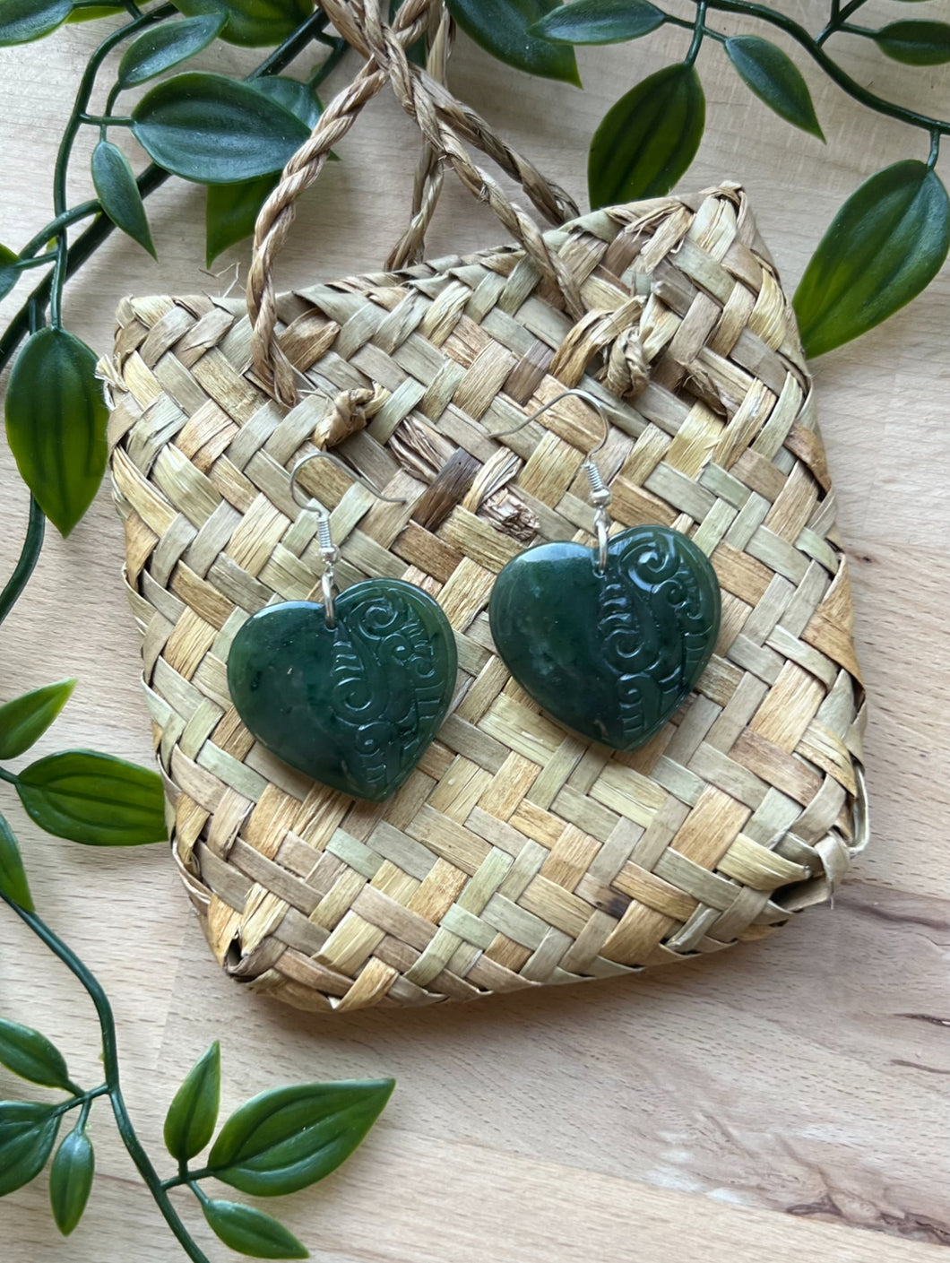 Heart Engraved Pounamu (Greenstone) Earrings